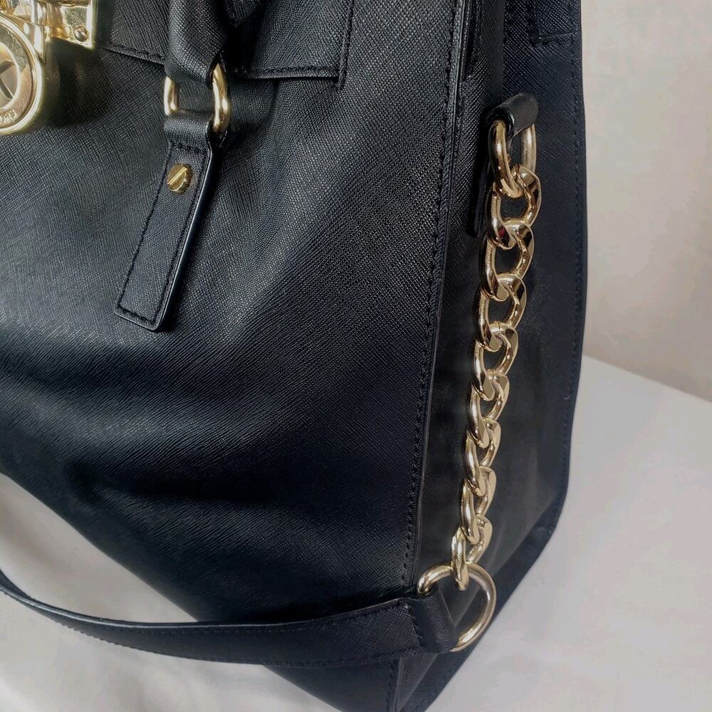 Michael Kors Hamilton Large Saffiano Leather Black Satchel Bag Gold Chain Purse - Picture 7 of 16